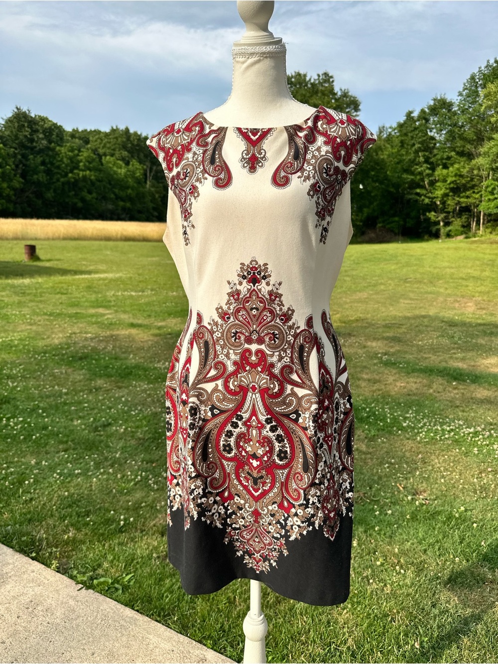 Evan Picone Cream Dress with Red and Black Paisley Print